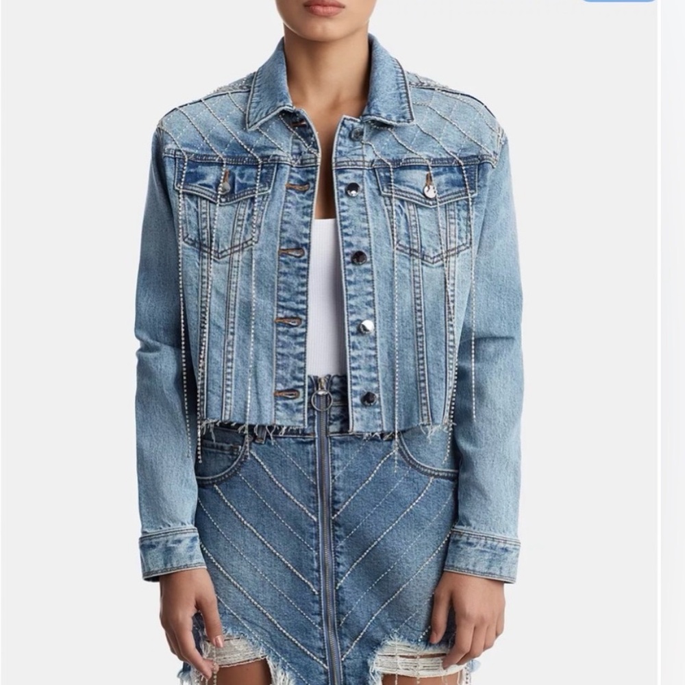 True Religion Blue Denim Jacket with Rhinestone Fringe Details Size Small